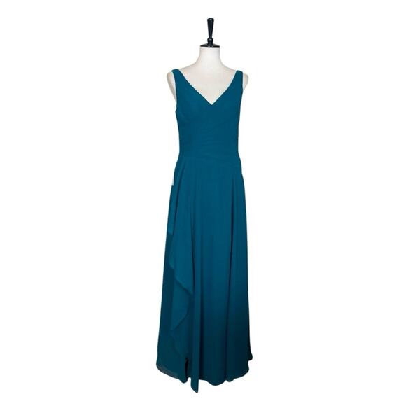 Azazie Kori New Bridesmaid Dress V-neck Chiffon Gown Peakcock Teal Women Size 6 - Picture 3 of 16